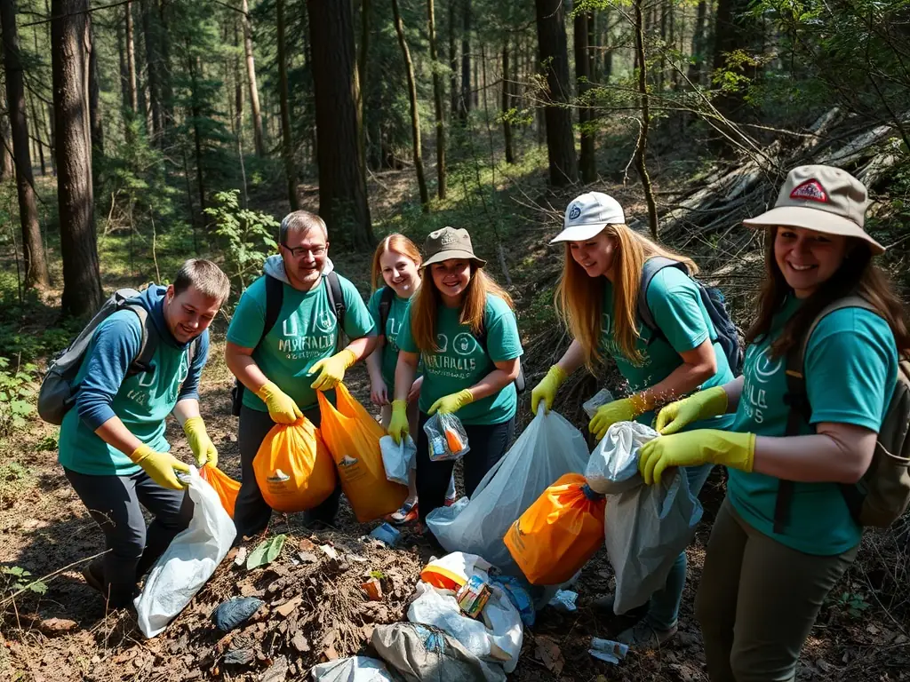A photograph showing ACCA volunteers cleaning up a local hunting area, collecting litter and debris to maintain the natural beauty of the environment.