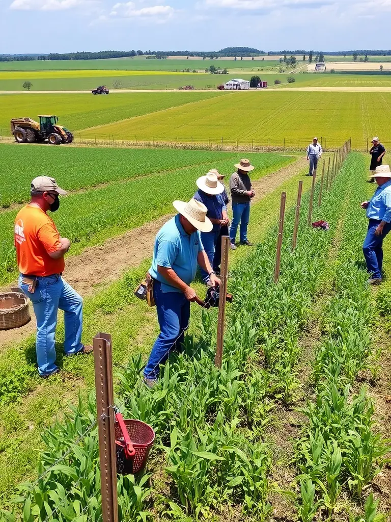 A photograph of ACCA members collaborating with local farmers to implement crop protection measures against wildlife damage, such as installing fencing or using deterrents, set in an agricultural landscape.