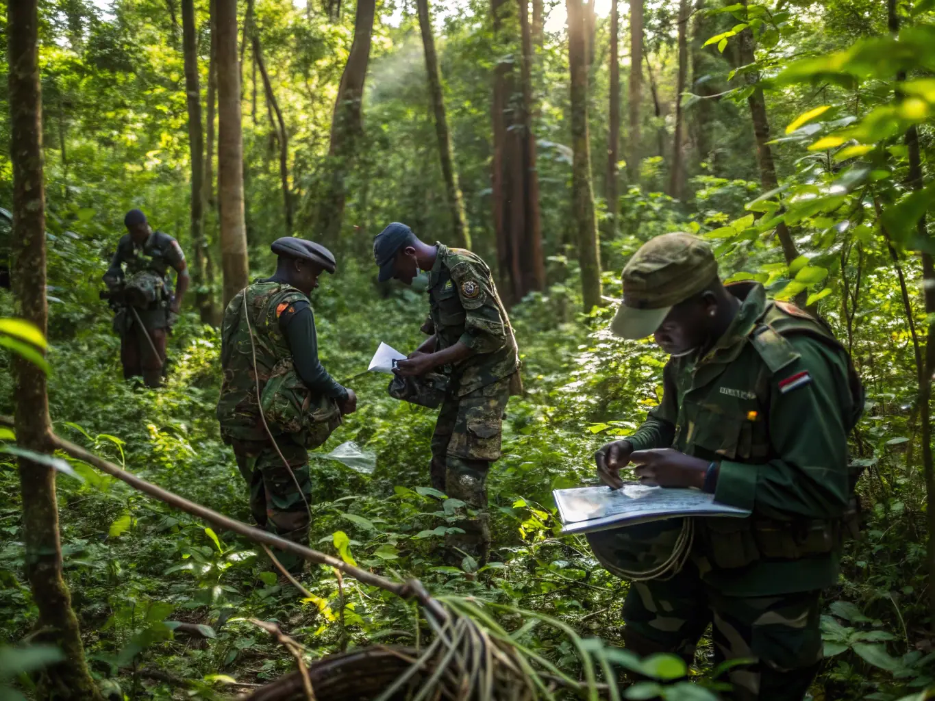 A photograph showing ACCA members participating in an anti-poaching patrol in the forests of Vebret, emphasizing their commitment to protecting local wildlife.