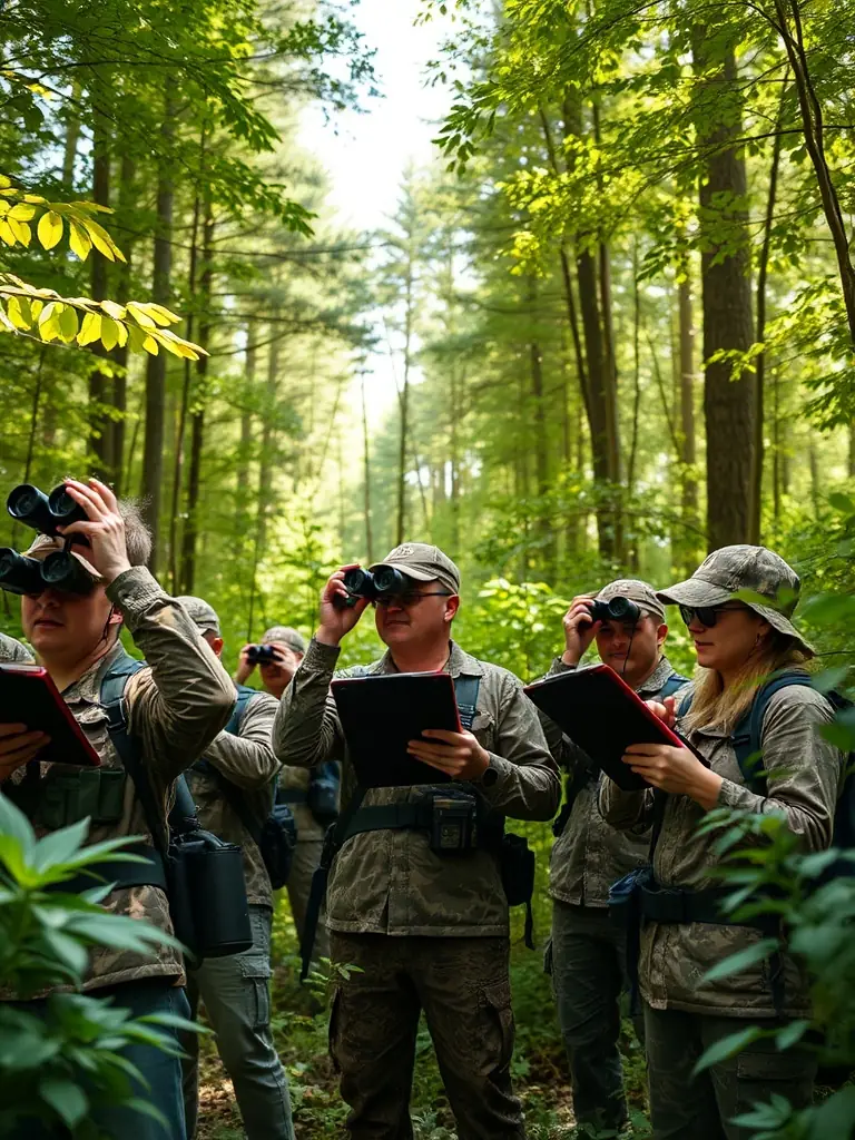 A photograph depicting ACCA members participating in a wildlife census, counting deer in a local forest during early morning light. The image emphasizes the scientific approach to wildlife management.