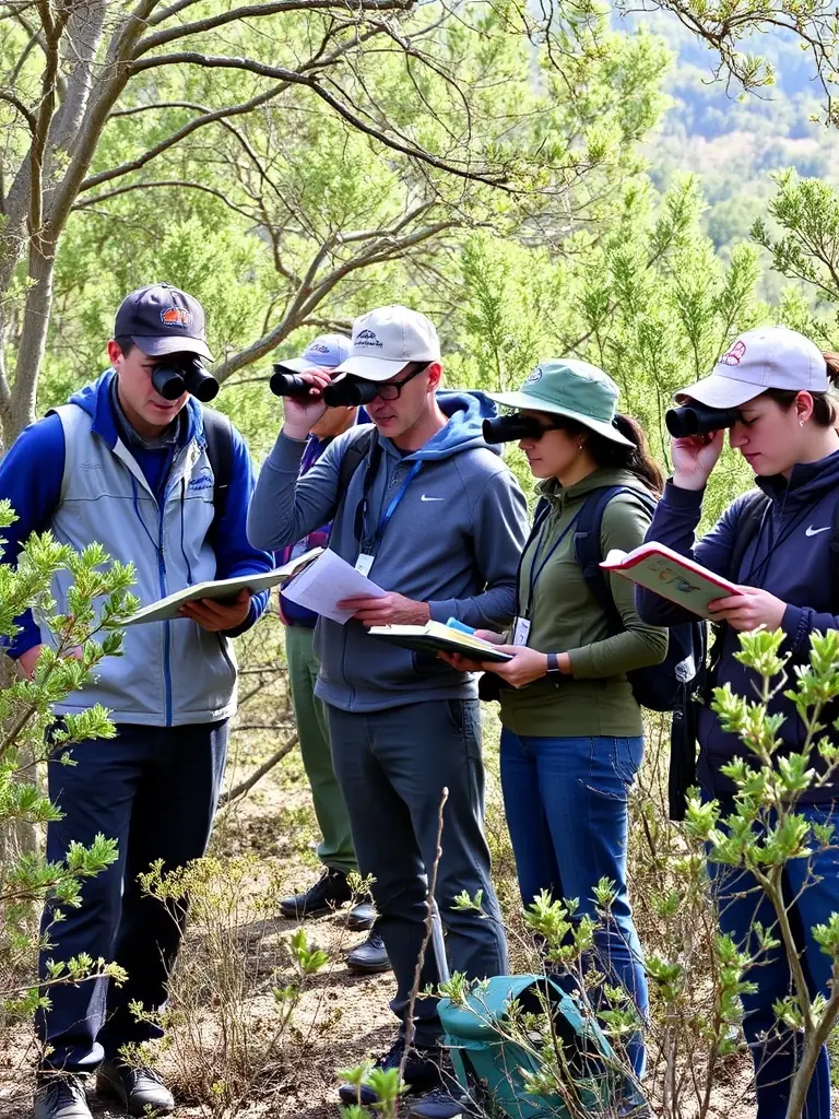 A photograph depicting a group of ACCA members participating in a wildlife census in the Vebret region, using binoculars and notebooks to record observations, set in a natural, outdoor environment.