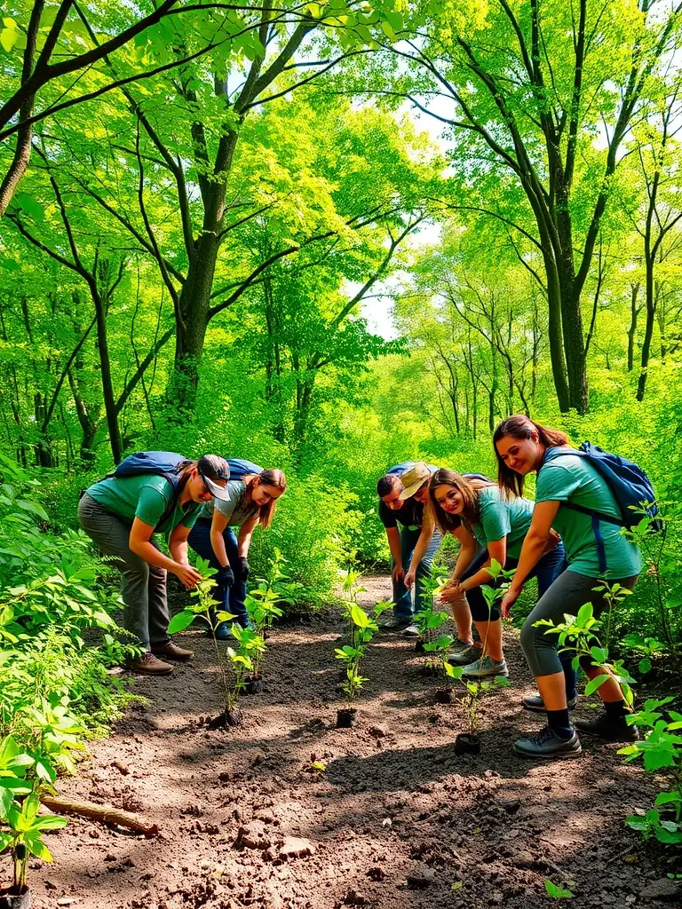 A photograph capturing ACCA members participating in a habitat restoration project, planting trees or clearing invasive species in a designated area, showcasing their commitment to environmental stewardship.