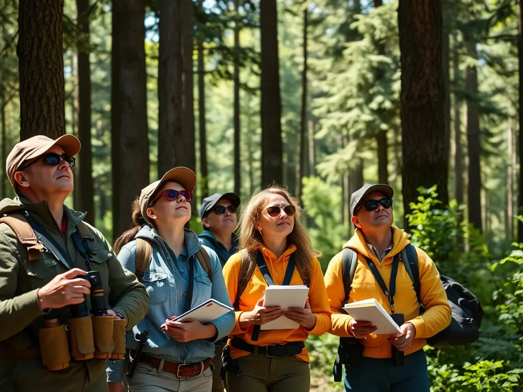 A photograph capturing a group of ACCA members participating in a wildlife census in the Vebret region, using binoculars and notebooks to record their observations.