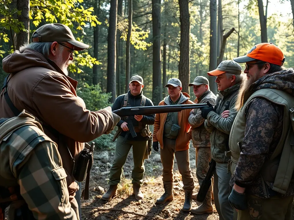 A photograph featuring ACCA instructors leading a workshop on responsible hunting practices, demonstrating safe firearm handling and ethical hunting techniques.